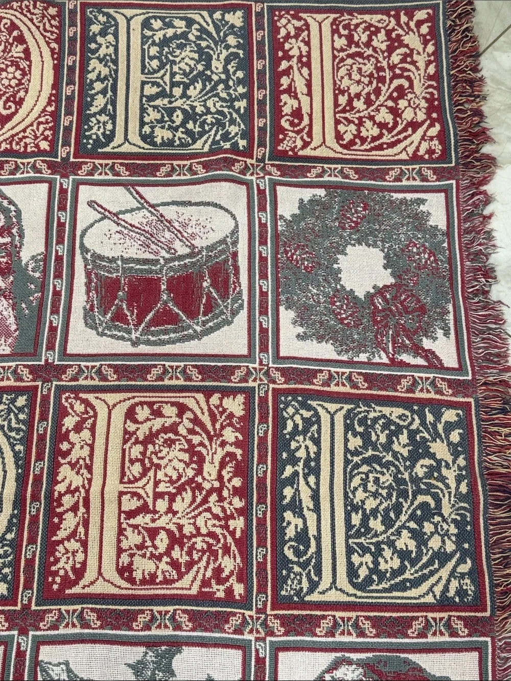 Festive Noel Santa Woven Throw Blanket - Red, Cream & Dark Green Goodwin Weavers
